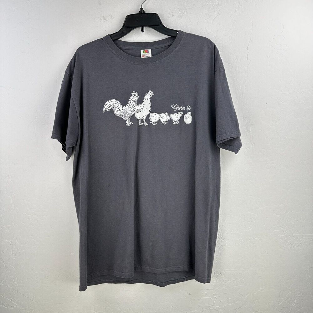 Evolution Of Chicken Life T-shirt Mens‎ L Gray White Parody Tee Farmer Homestead